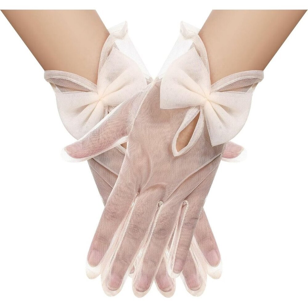 Women's Bow Champagne Evening Tulle Short Length Gloves Wrist Tea Party Prom
